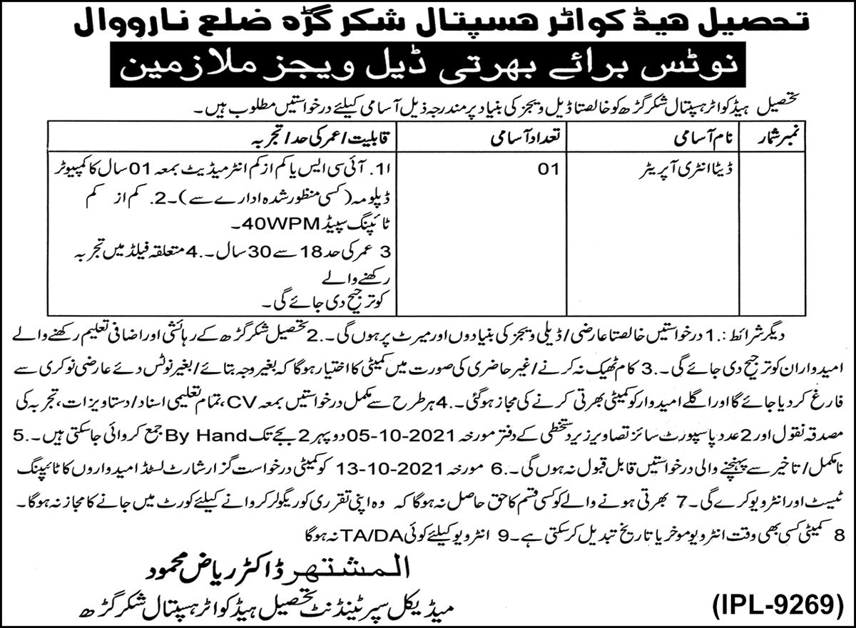 Latest govt jobs THQ Hospital Narowal