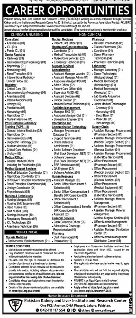 Pakistan Kidney And Liver Institute PKLI Jobs 2022 – Pkli.org.pk/careers