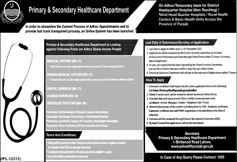 Latest Primary and secondary healthcare department Punjab jobs