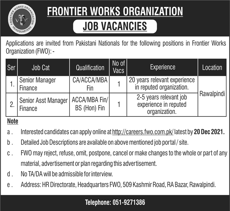 FWO Jobs 2021 Rawalpindi