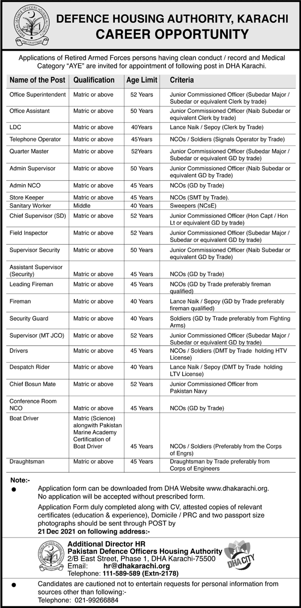 Defence Housing Authority Karachi jobs