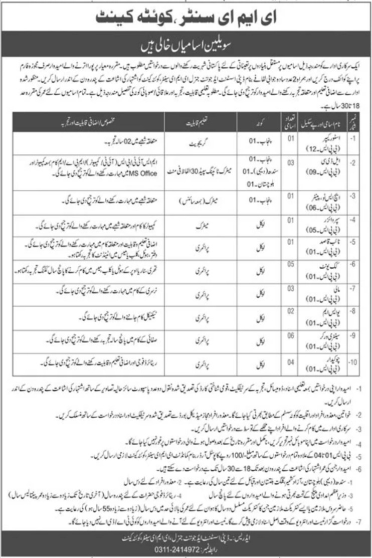 Headquarters EME Center Quetta jobs