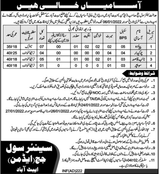 Senior Civil Judge Office Abbottabad Jobs 2021