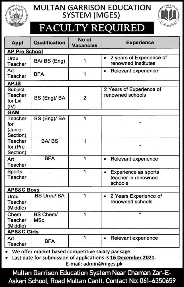 Multan Garrison Education System Jobs 2021 for Teachers