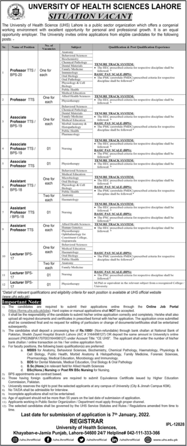 University of Health Sciences UHS Lahore Jobs 2021