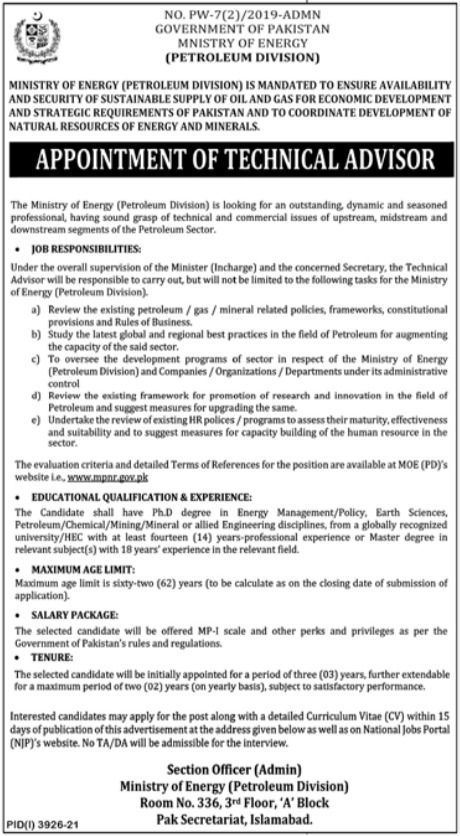 Ministry of Energy Jobs 2021 for Technical Advisor