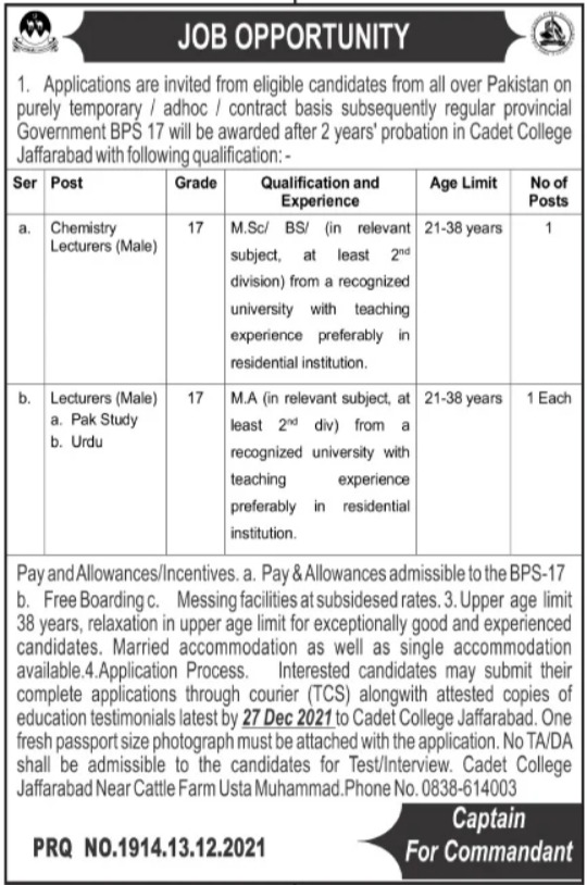 Cadet College Jaffarabad Jobs 2021 – Lecturers Vacancies