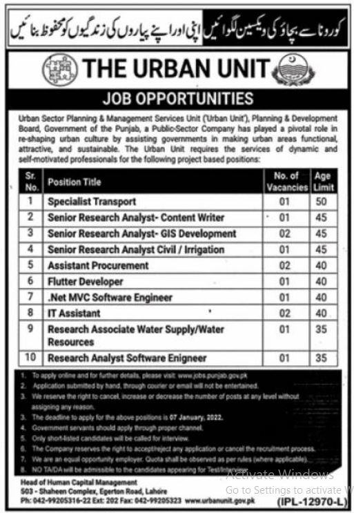 Punjab Government Urban Unit Jobs 2022 – www.urbanunit.gov.pk