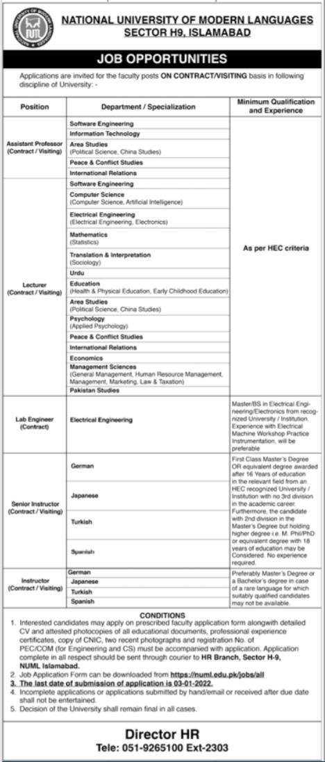 National University of Modern Languages NUML Jobs 2022 All Campuses