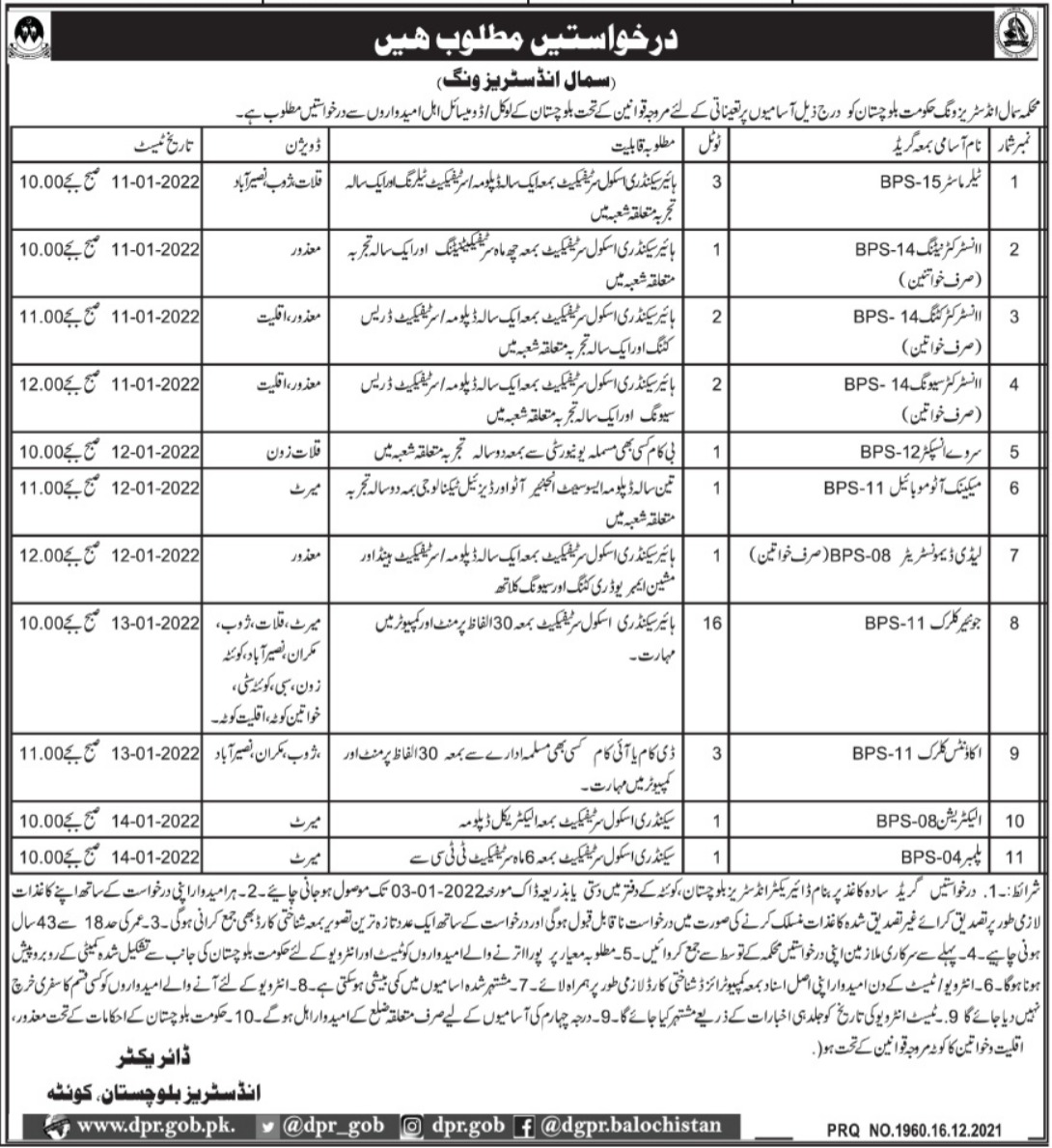 Small Industries Department Balochistan Jobs 2021