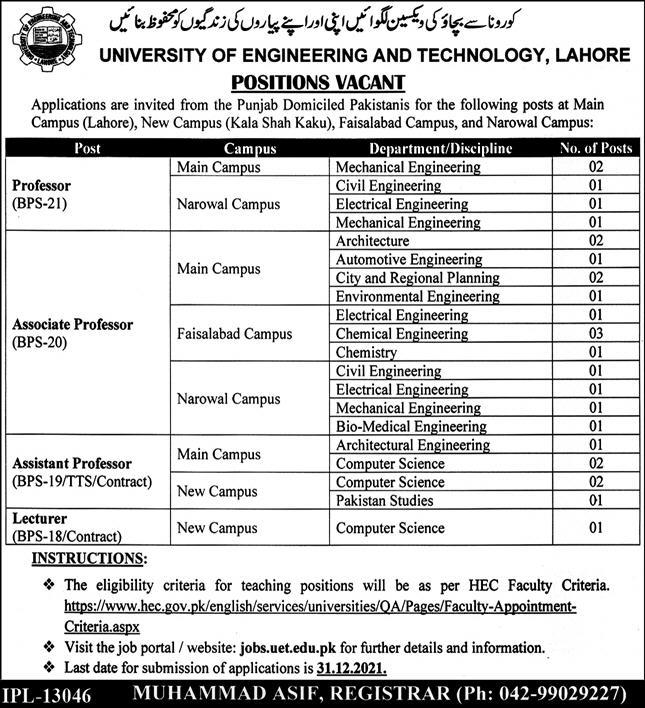 University of Engineering and Technology UET Lahore Jobs 2021