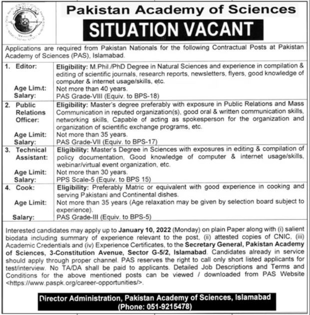 Pakistan Academy of Sciences Islamabad Jobs 2022