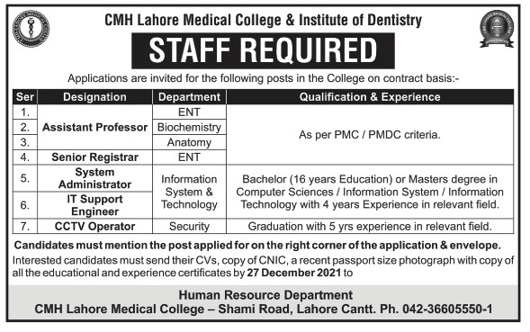 CMH Lahore Medical College & Institute of Dentistry Jobs 2021