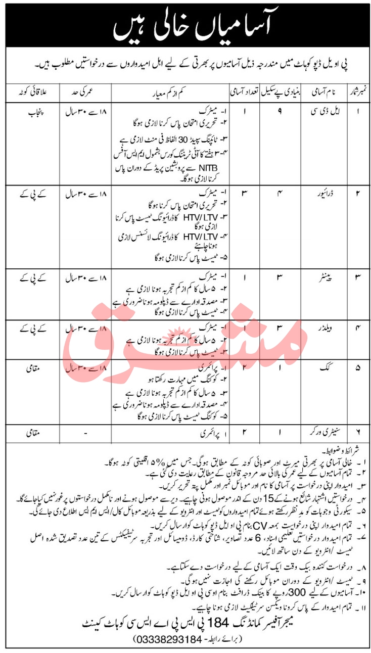 Pakistan Army POL Depot Kohat Jobs 2022