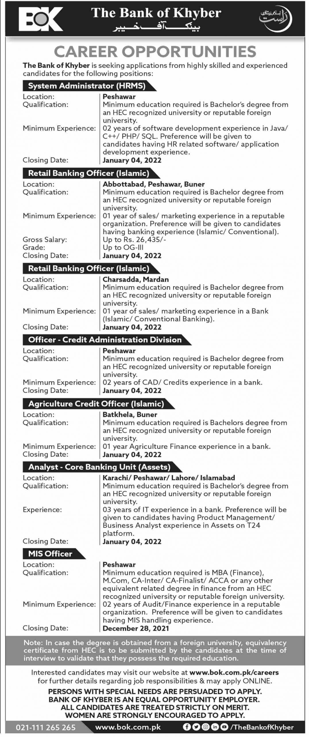 Bank of Khyber BOK Jobs 2022 Online Application www.bok.com.pk