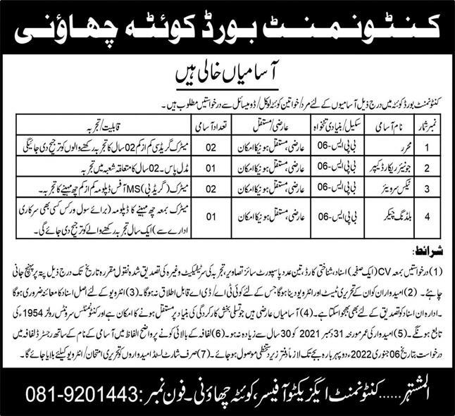  Cantonment Board Quetta Jobs 2022