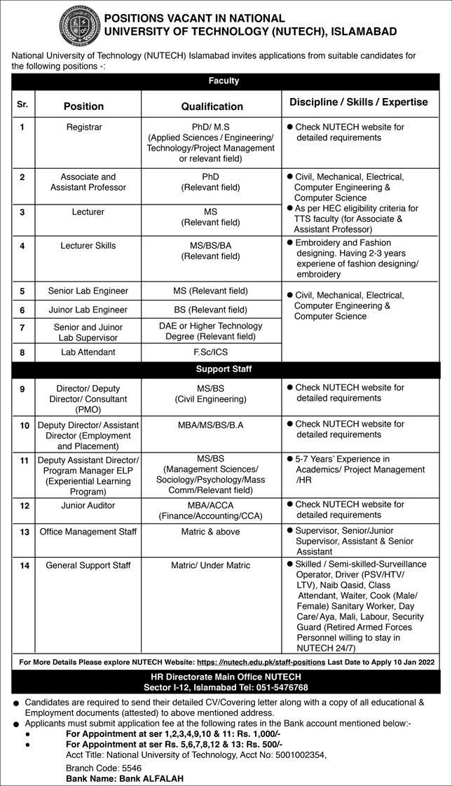 National University of Technology NUTECH Islamabad Jobs 2022