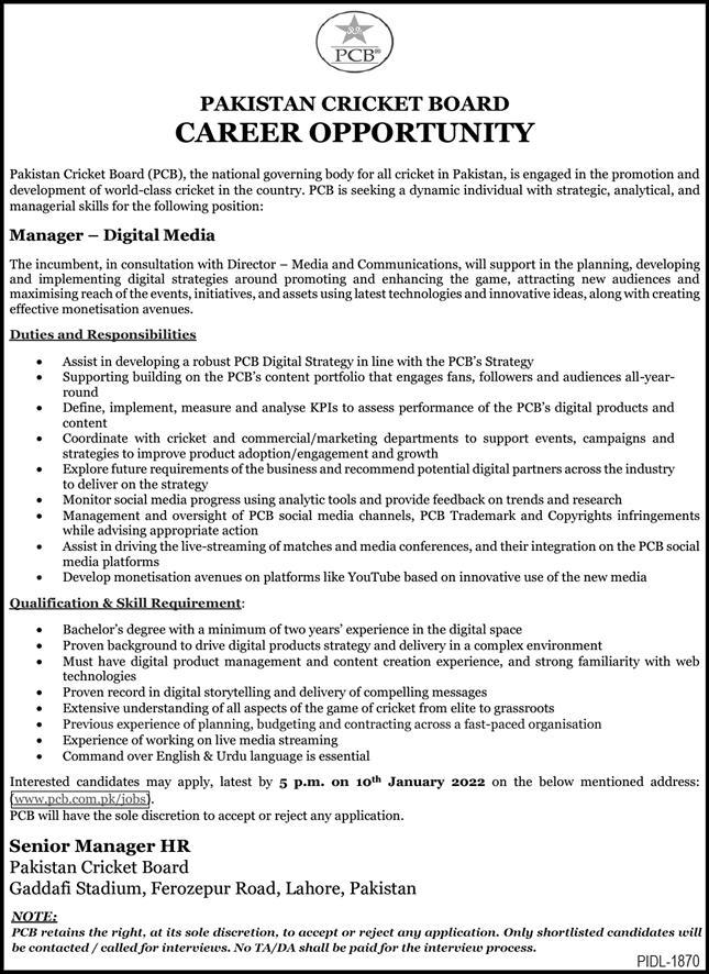 PCB Jobs 2022 – Pakistan Cricket Board Job – www.pcb.com.pk