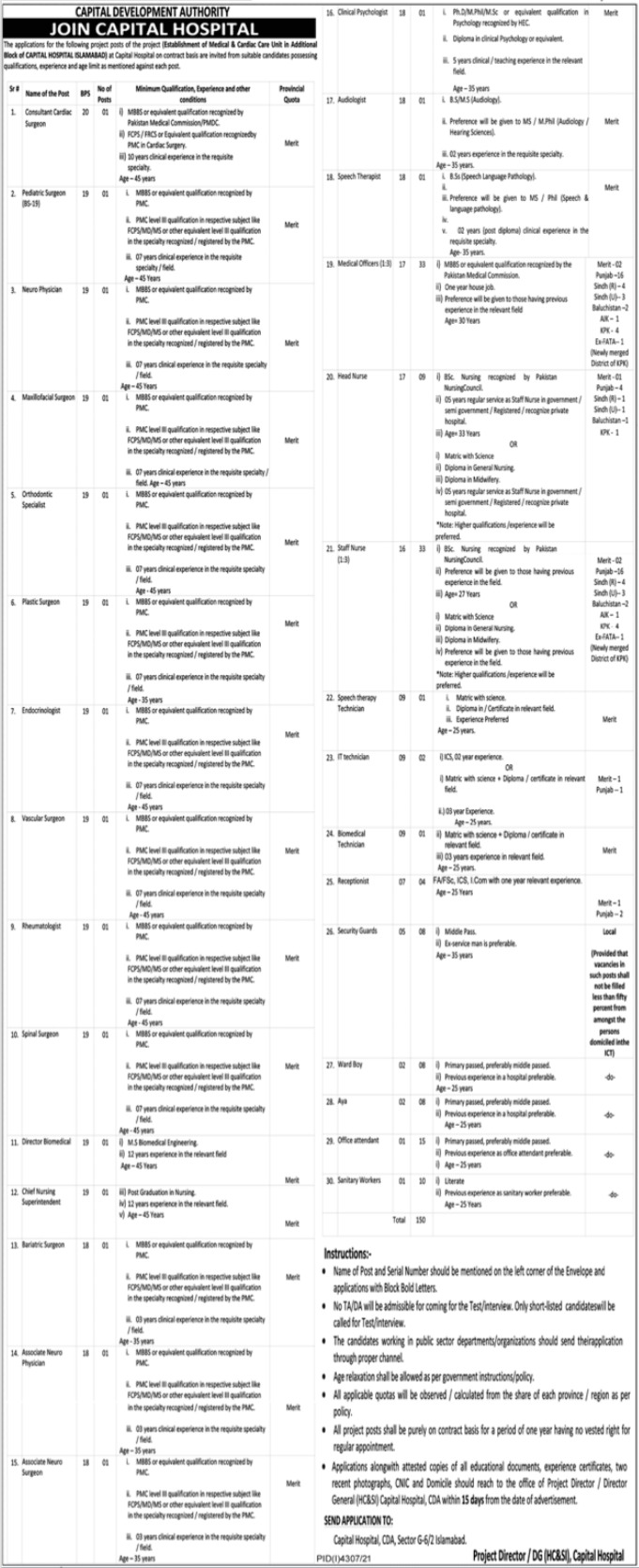 CDA Hospital Jobs 2021 Advertisement Application Form in Islamabad