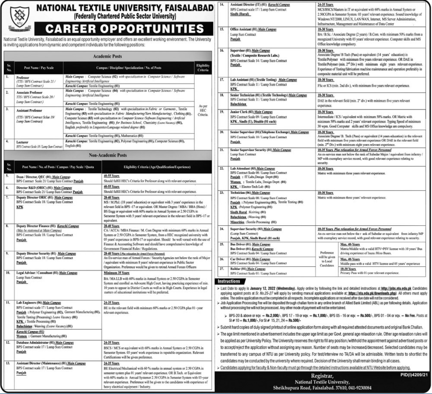 National Textile University Faisalabad Jobs 2022 Apply Online