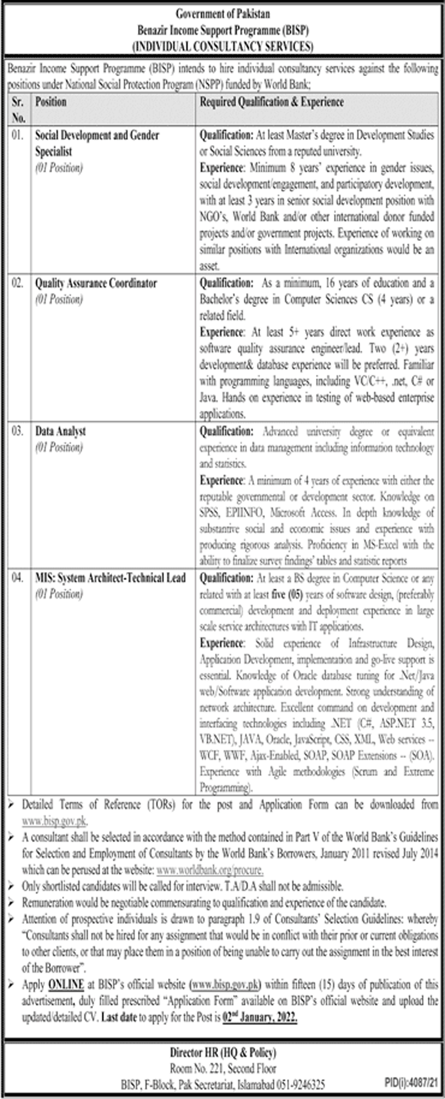 Benazir Income Support Program BISP Jobs 2022 Latest