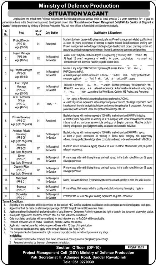 Ministry of Defence Production Islamabad Jobs 2021