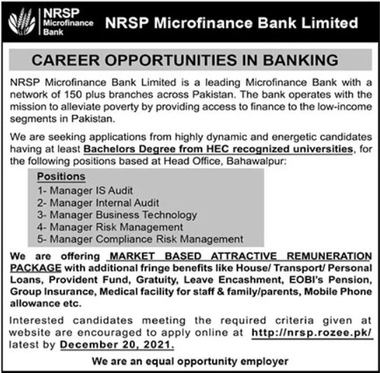 NRSP Microfinance Bank Jobs 2021 Online Applications