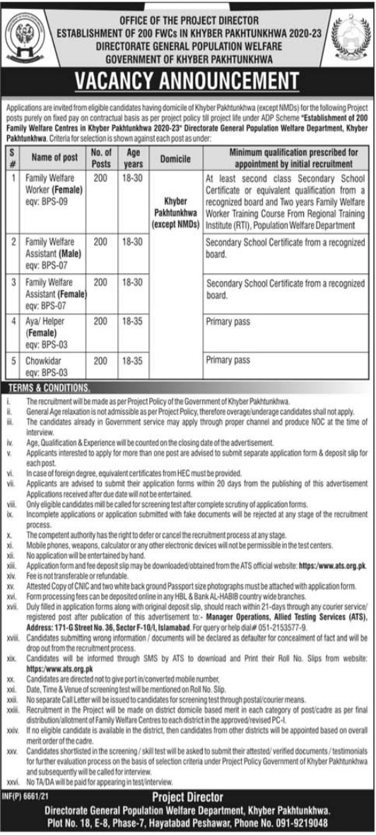 Population Welfare Department KPK Jobs 2022 Application Form