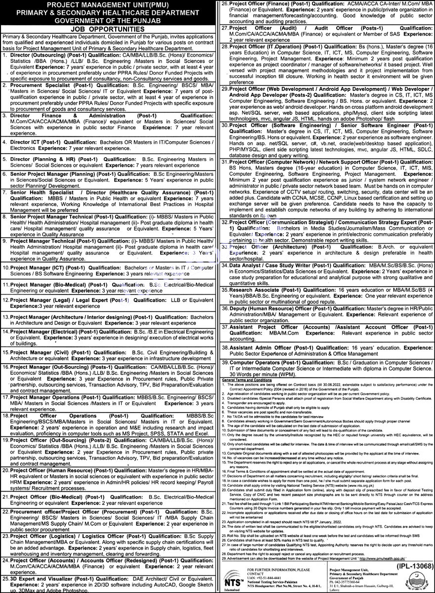 Project Management Unit PMU Health Department Punjab Jobs 2022