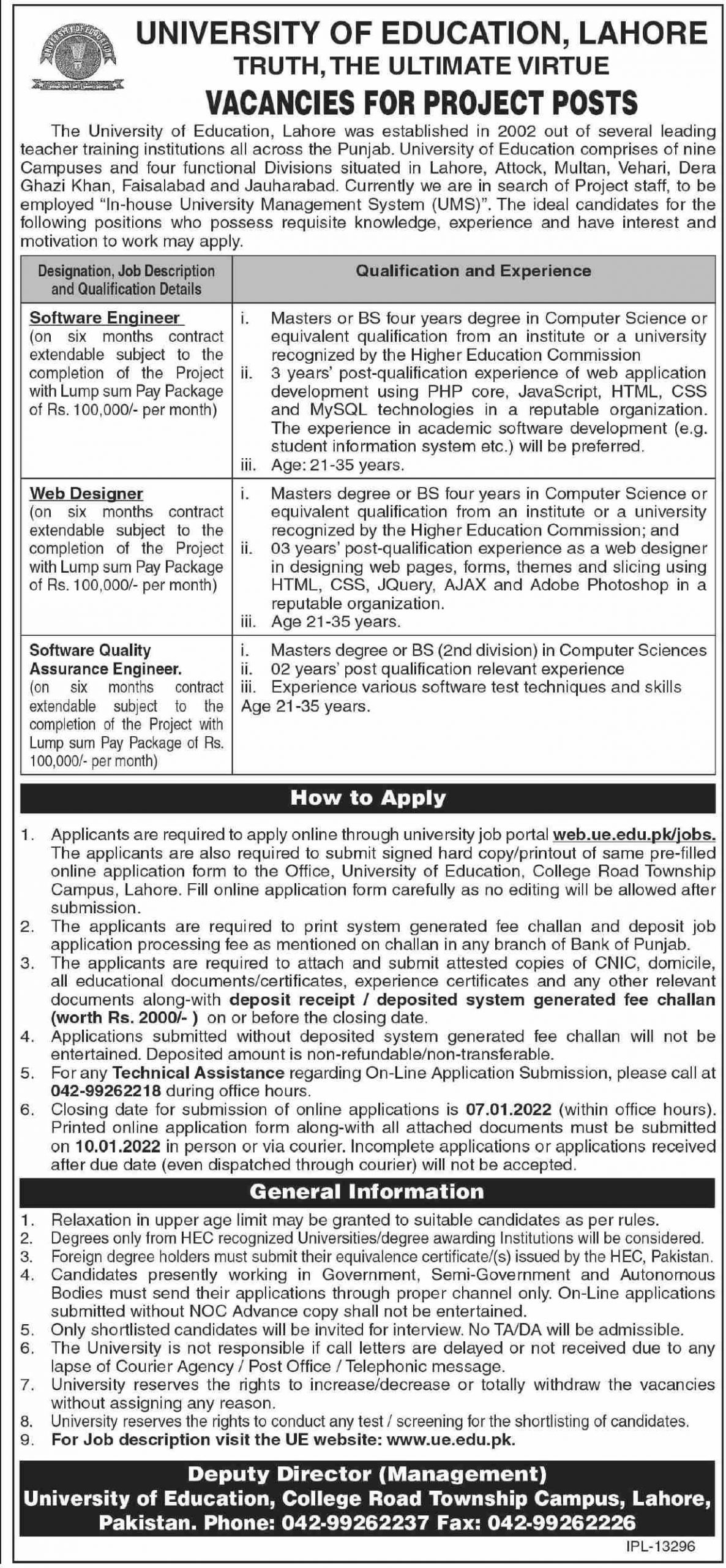 University of Education UE Lahore Jobs 2022 – wwww.ue.edu.pk