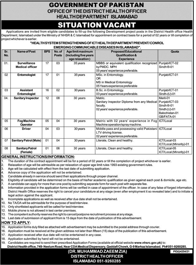 Health Department Islamabad Jobs 2022 Application Form