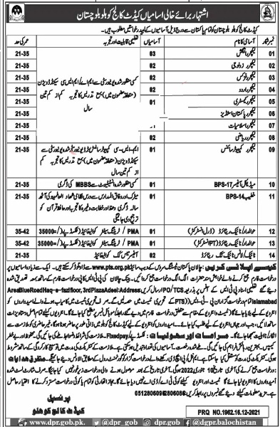 Cadet College Kohlu Balochistan Jobs 2022 Download Application Form