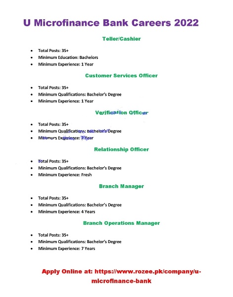 U Microfinance Bank Limited Jobs 2022 for Cashiers