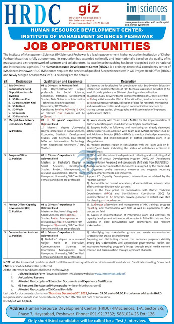 Institute of Management Sciences Peshawar Jobs 2021