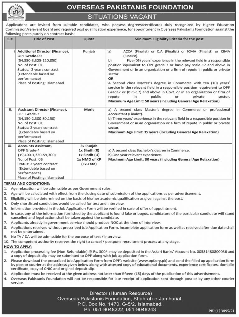 Overseas Pakistanis Foundation OPF Jobs 2021 – Application Form