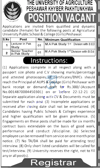 Agricultural University Public School & College Peshawar Jobs 2021