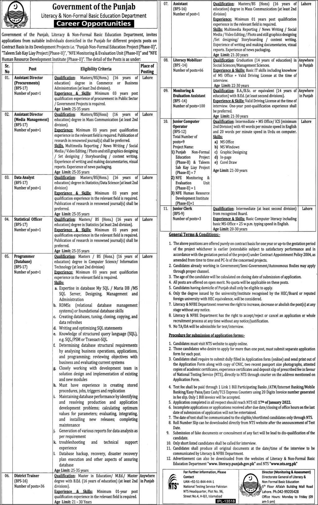 Literacy & Non Formal Basic Education Department Punjab Jobs 2022