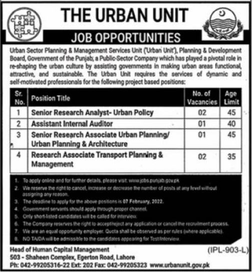 Punjab Government Urban Unit Jobs 2022 – www.urbanunit.gov.pk