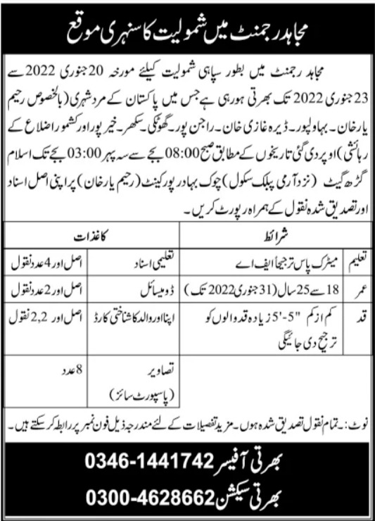 Join Pak Army Sipahi Jobs 2022 in Mujahid Regiment