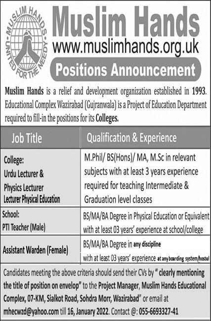 Muslim Hands Colleges Jobs Wazirabad Jobs 2022