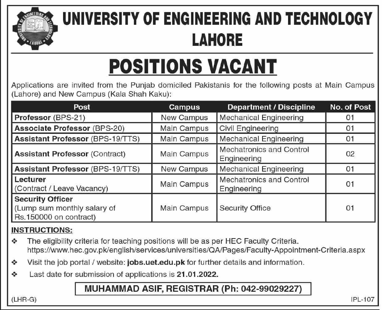 University of Engineering and Technology UET Lahore Jobs 2022