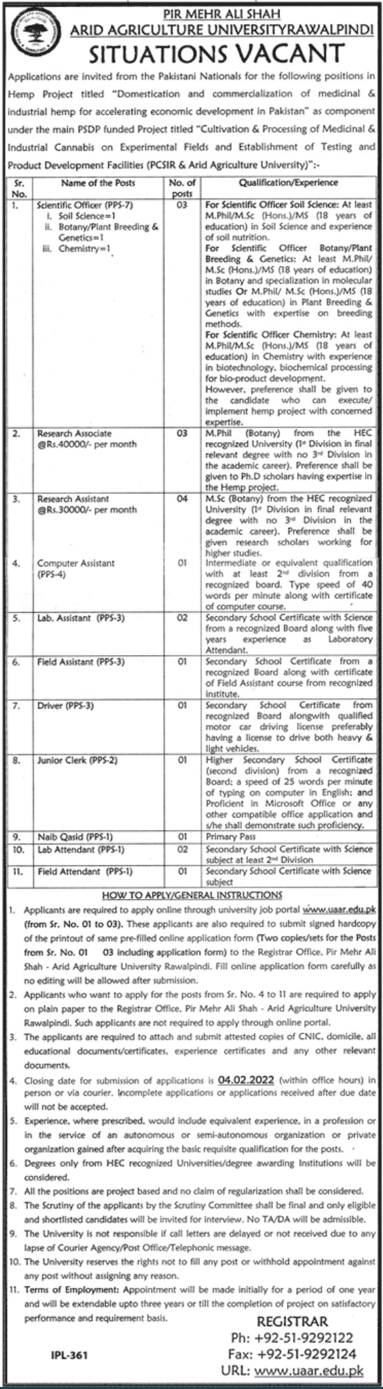 Pir Mehr Ali Shah ARID Agriculture University Rawalpindi Jobs 2022