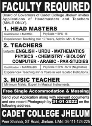 Cadet College Jhelum Jobs 2022 Latest Advertisement – www.ccj.edu.pk