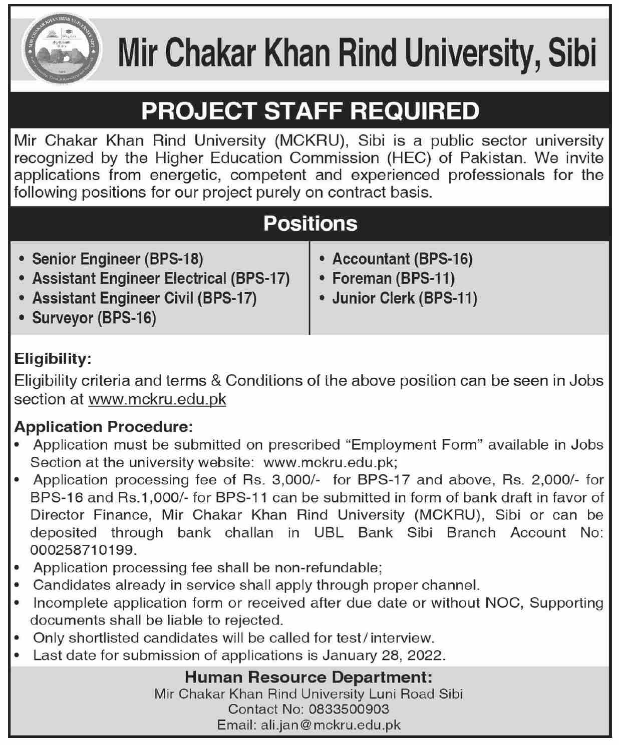 Mir Chakar Khan Rind University Sibi Jobs 2022