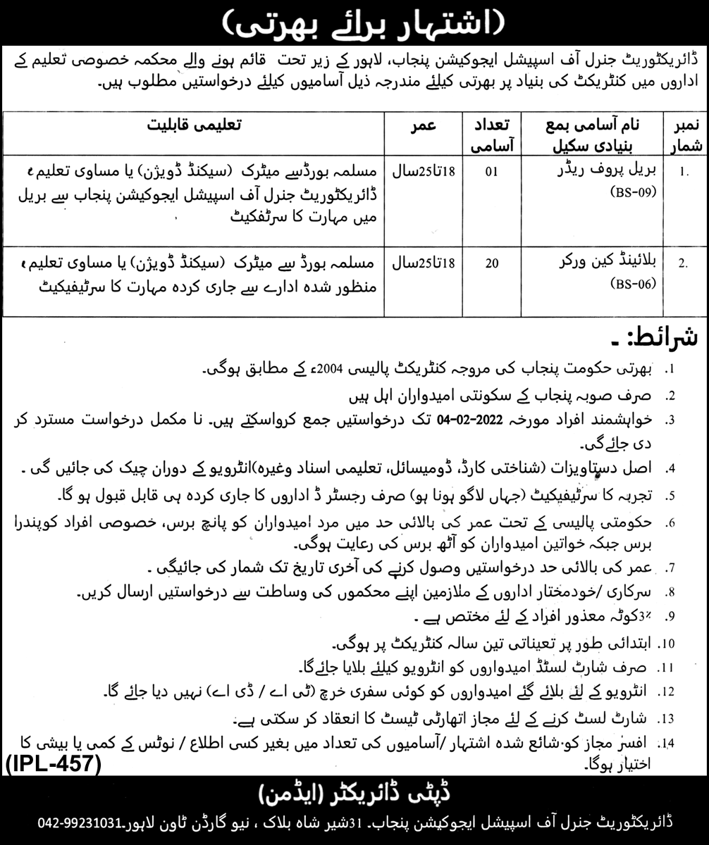 Special Education Department Punjab Jobs 2022