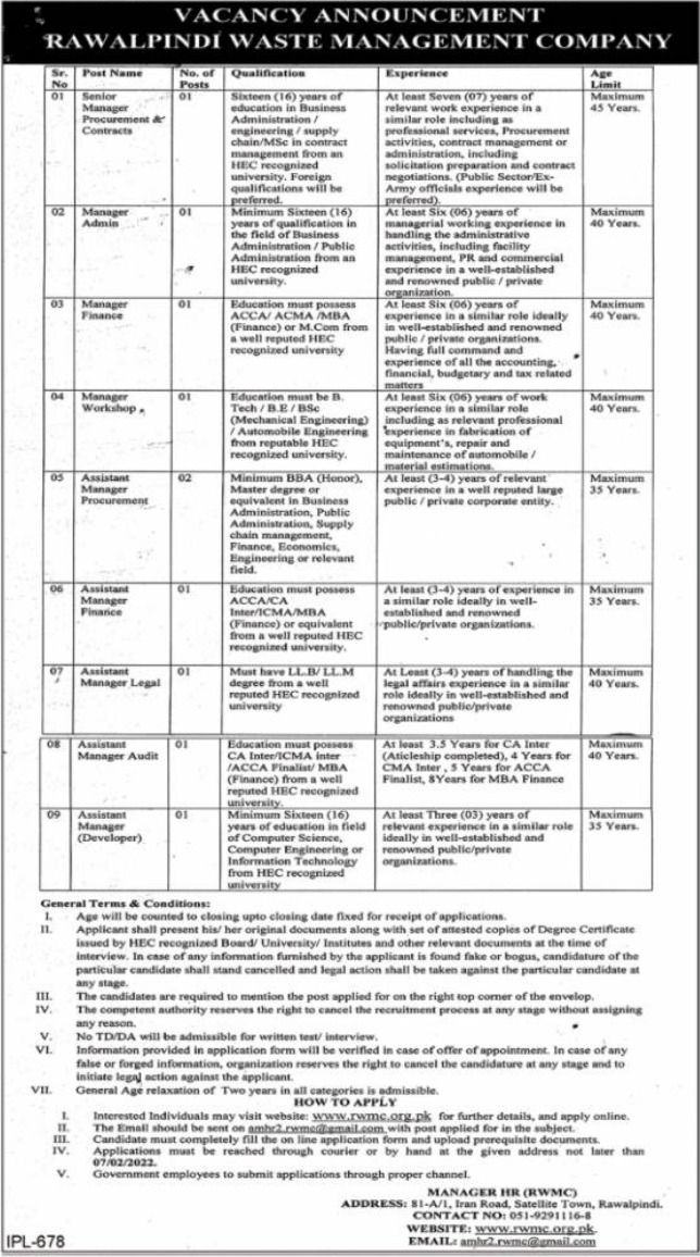 Rawalpindi Waste Management Company Jobs 2022