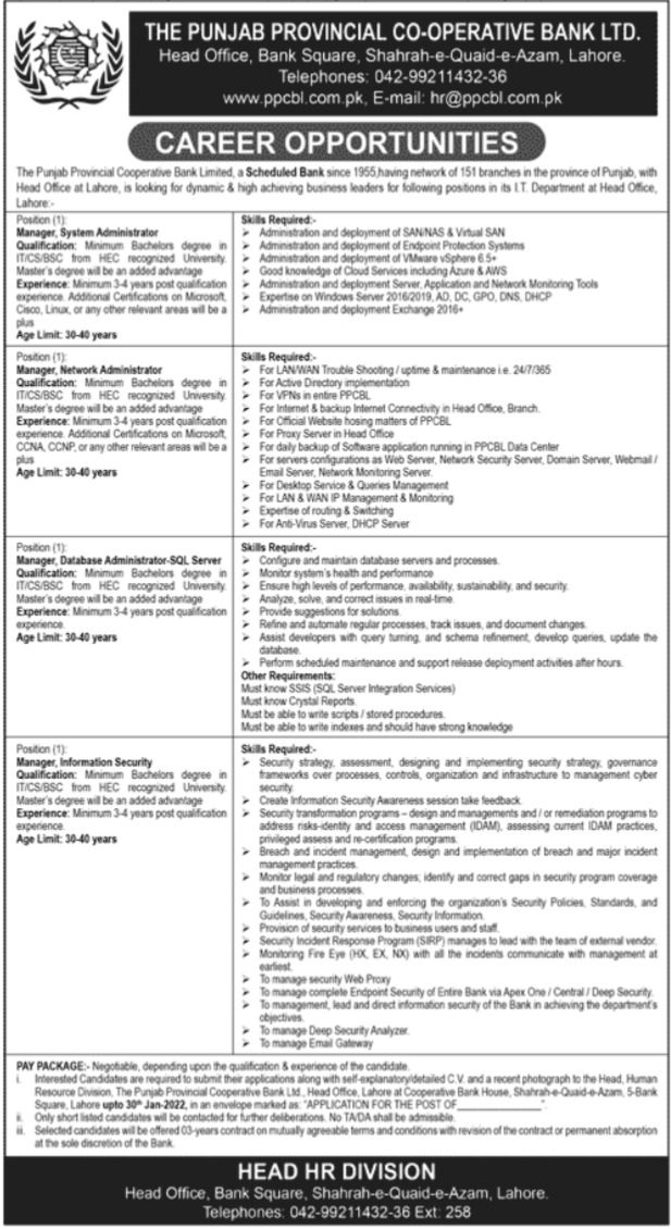 Punjab Provincial Cooperative Bank Limited Jobs 2022