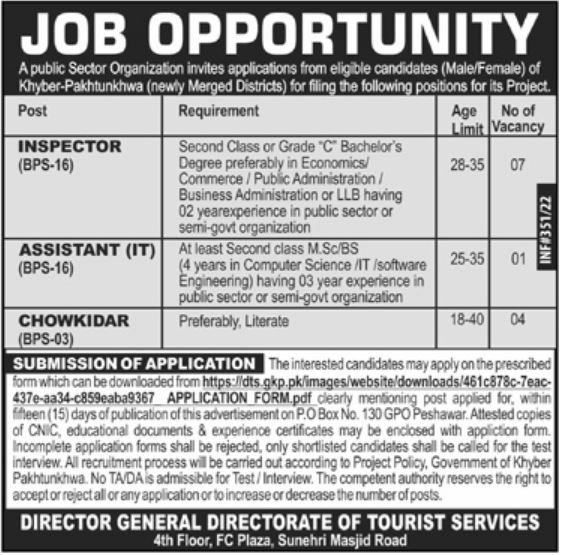 Directorate Of Tourists Services KPK Jobs 2022