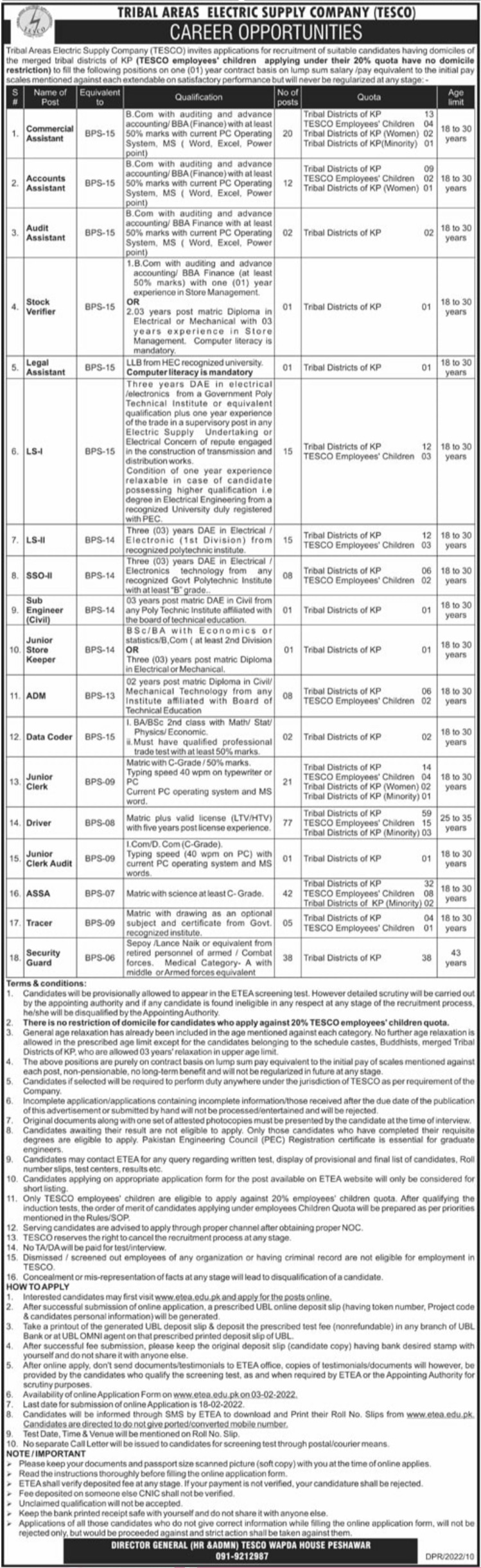 Tribal Areas Electric Supply Company TESCO Jobs 2022