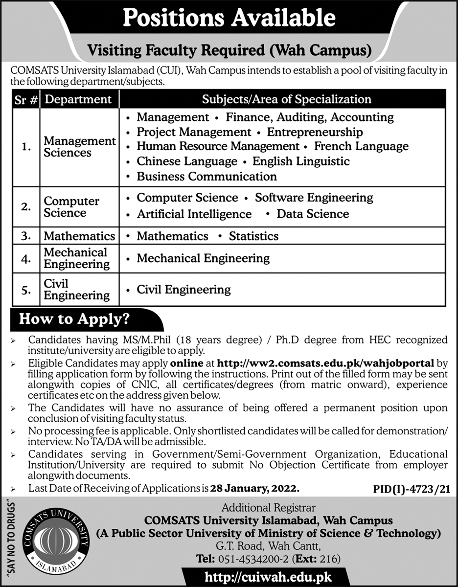 COMSATS University Islamabad CUI Jobs 2022 in Wah Campus